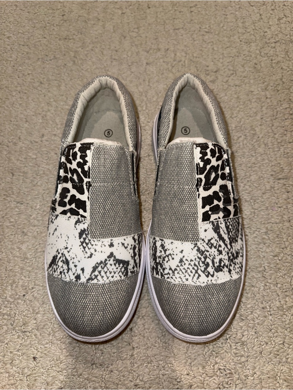 Women’s Slip-On Sneakers in Gray and White with Animal Print